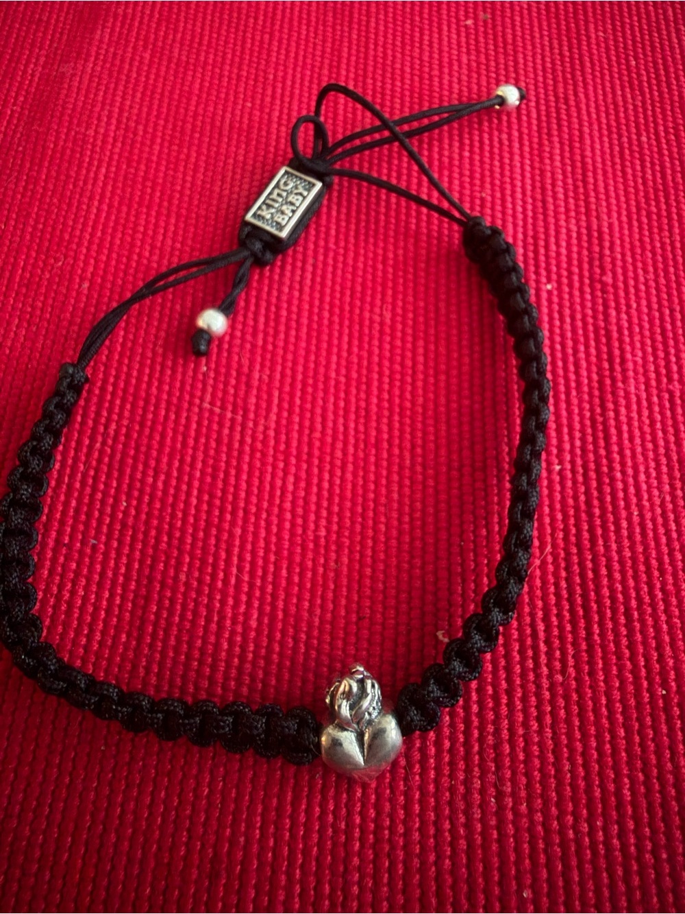 King Baby Studio Black Braided Cord Bracelet with Silver Floral Heart